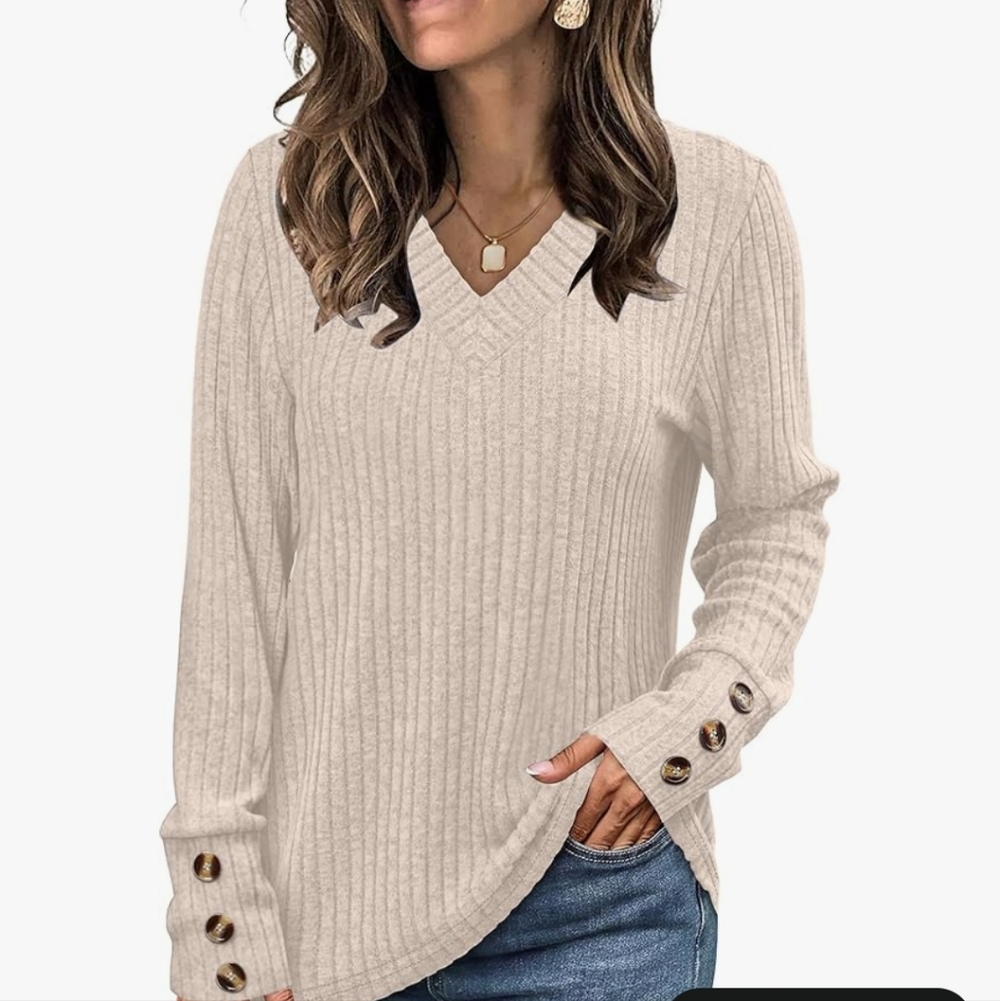 Elegant Beige V-Neck Sweater with Button Accents